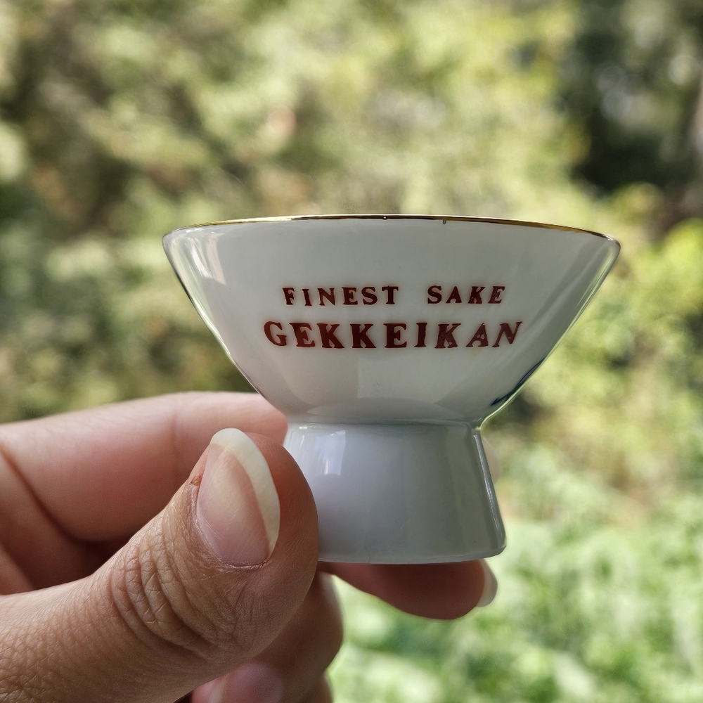 Vintage Japanese Sake Cup Advertising Finest Sake Gekkeikan White Blue Red